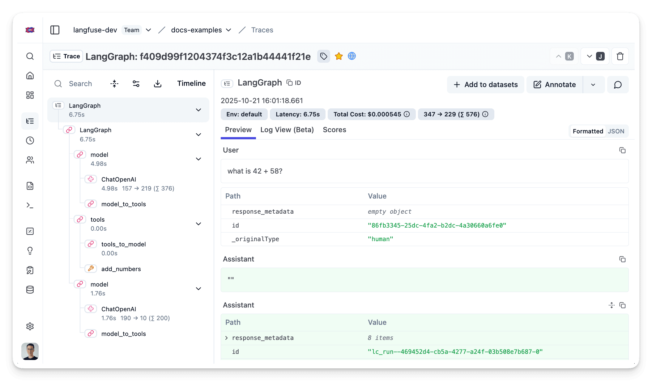 Example trace in Langfuse